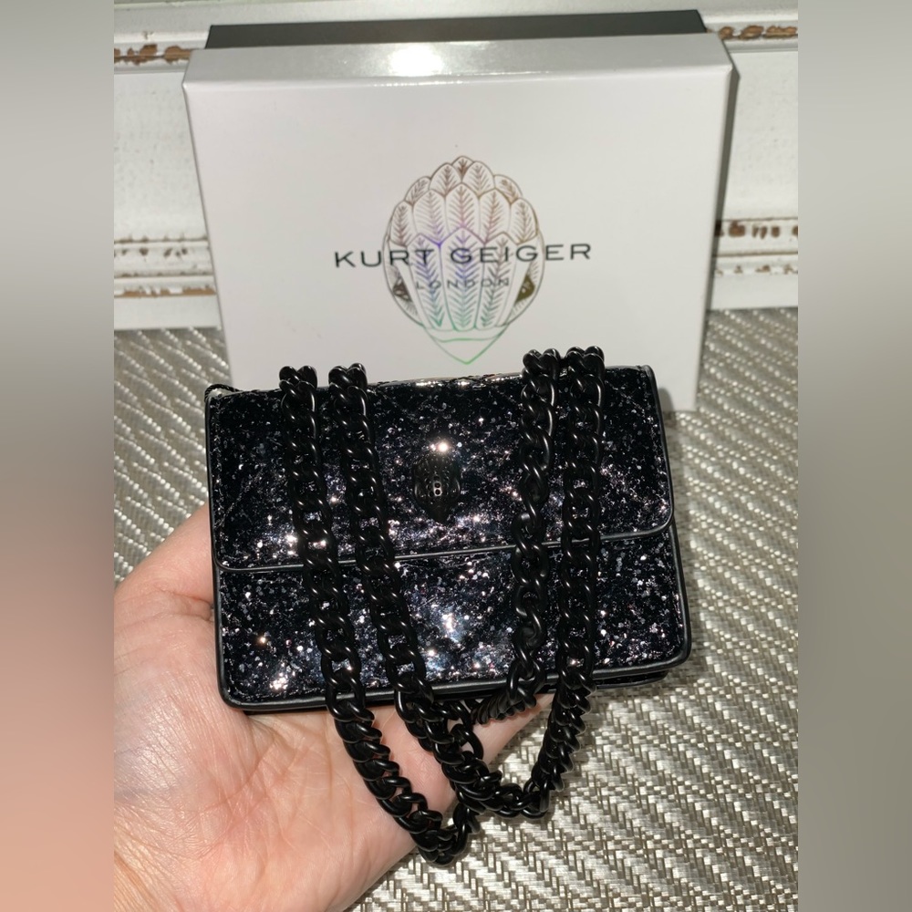 Kurt Geiger London Micro Kensington Black Glitter Leather Crossbody Bag